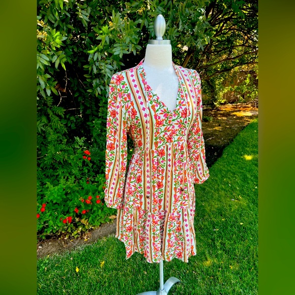 Japna - Floral🌸 Striped Mini Dress - Pink and Green - Picture 1 of 8